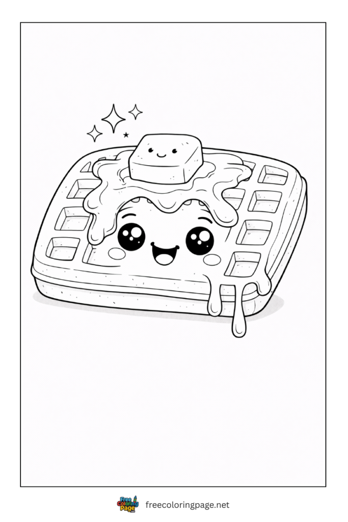 coloring page of cute kawaii stle waffle with syrup