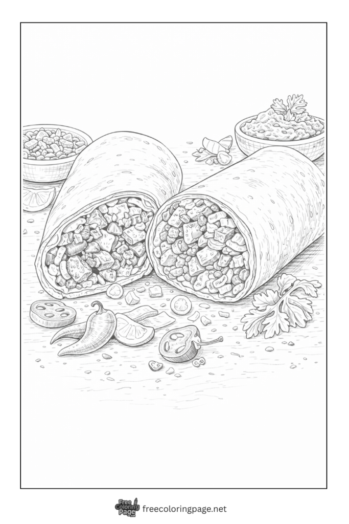 coloring page of mexican burrito wrap cut in half