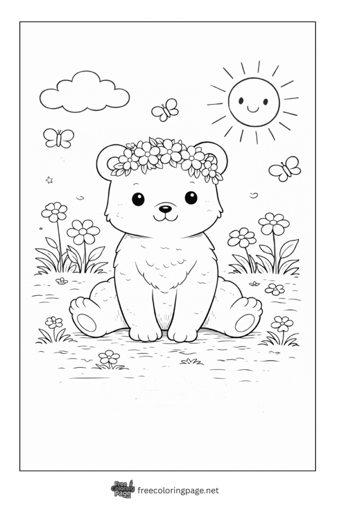 coloring page of baby bear enjoying spring