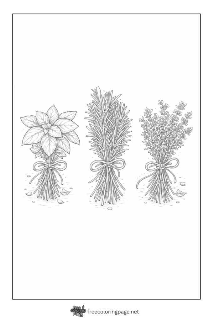 coloring page of herbs basil thyme rosemarry bundles