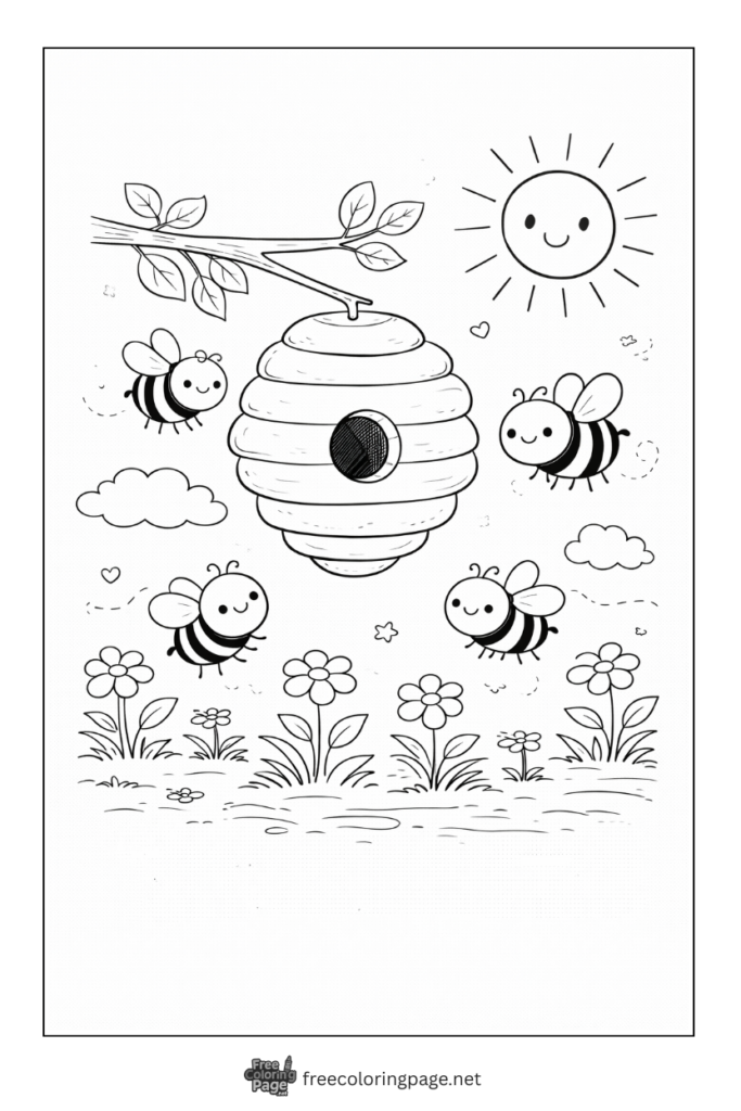 coloring page of honeybees and hive in spring