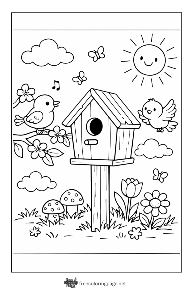 coloring page of birds in spring with their house