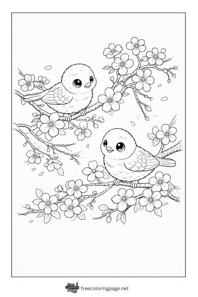 coloring page of spring birds on cherry blossom