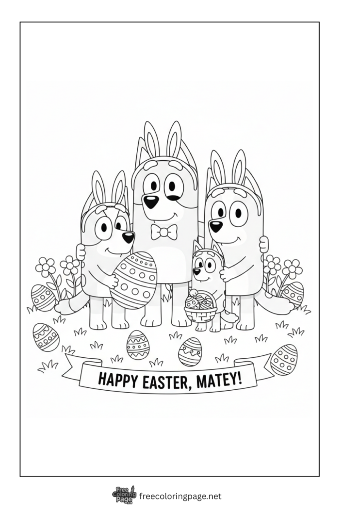 coloring page of bluey family easter