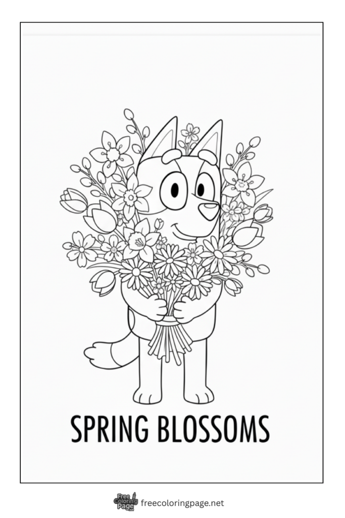coloring page of bluey with spring flowers