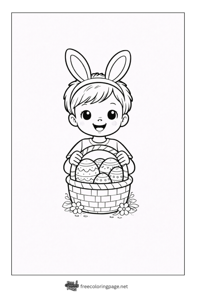 coloring page of boy holding easter eggs basket