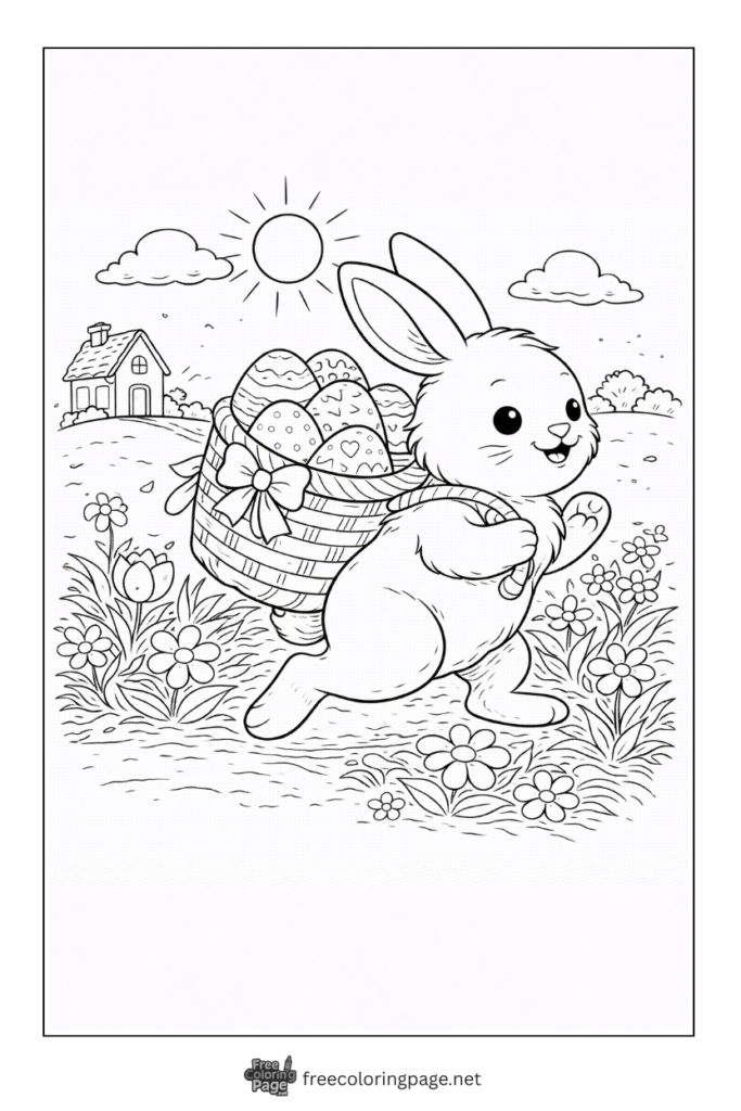 coloring page of bunny carrying easter eggs on back