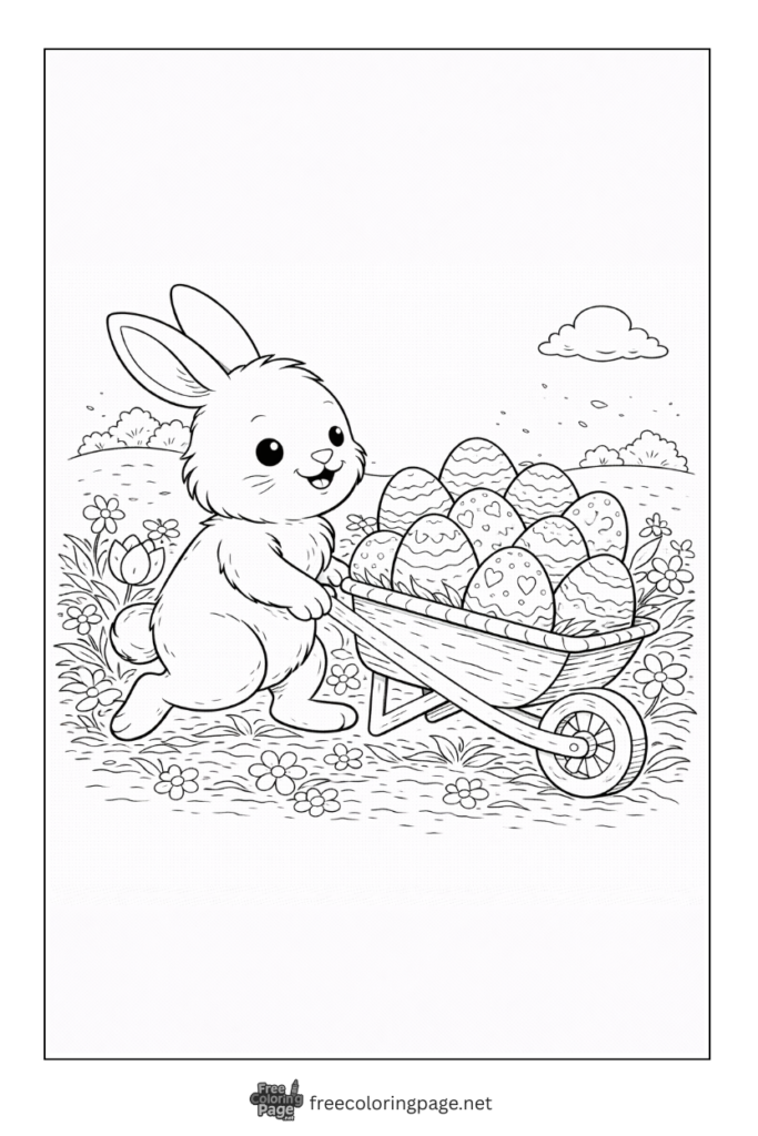coloring page of bunny carrying easters on wheelbarrow