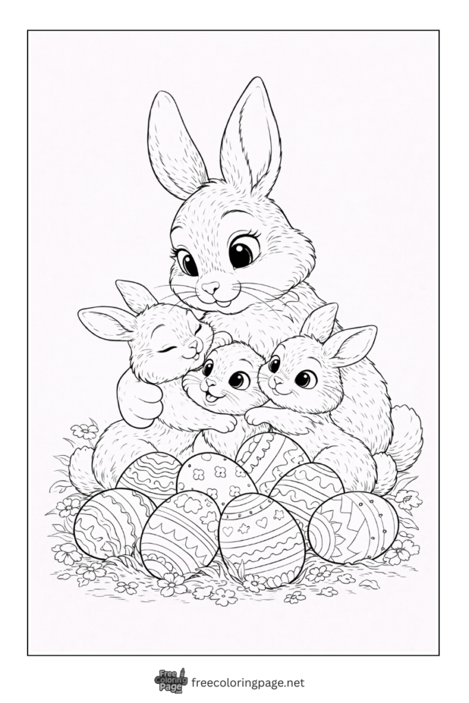 coloring page of bunny family with easter eggs