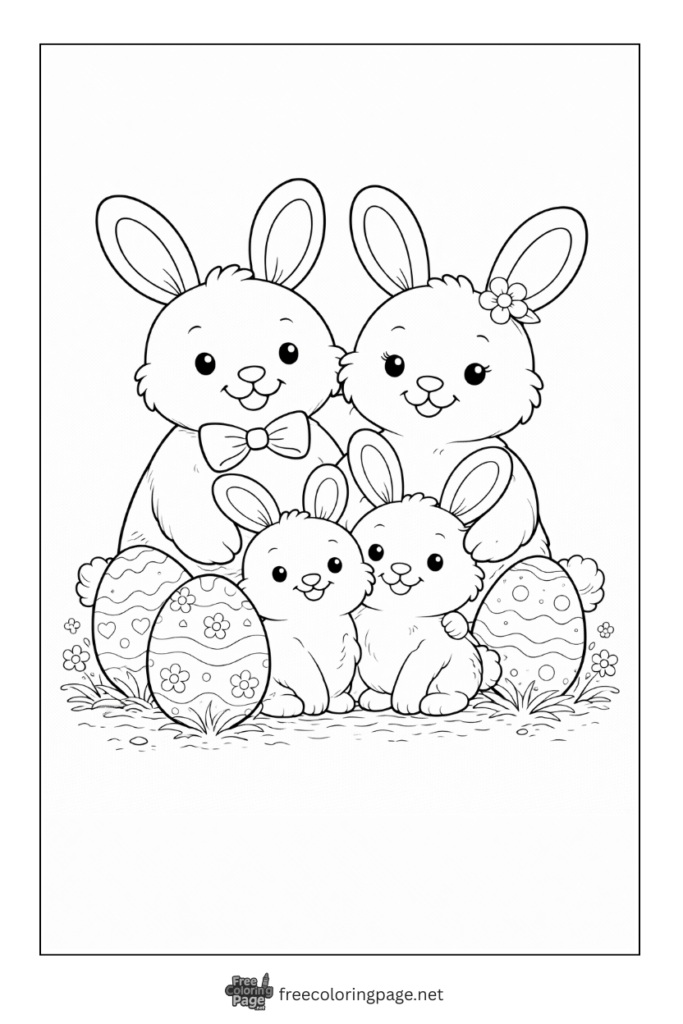 coloring page of bunny family celebrating easter