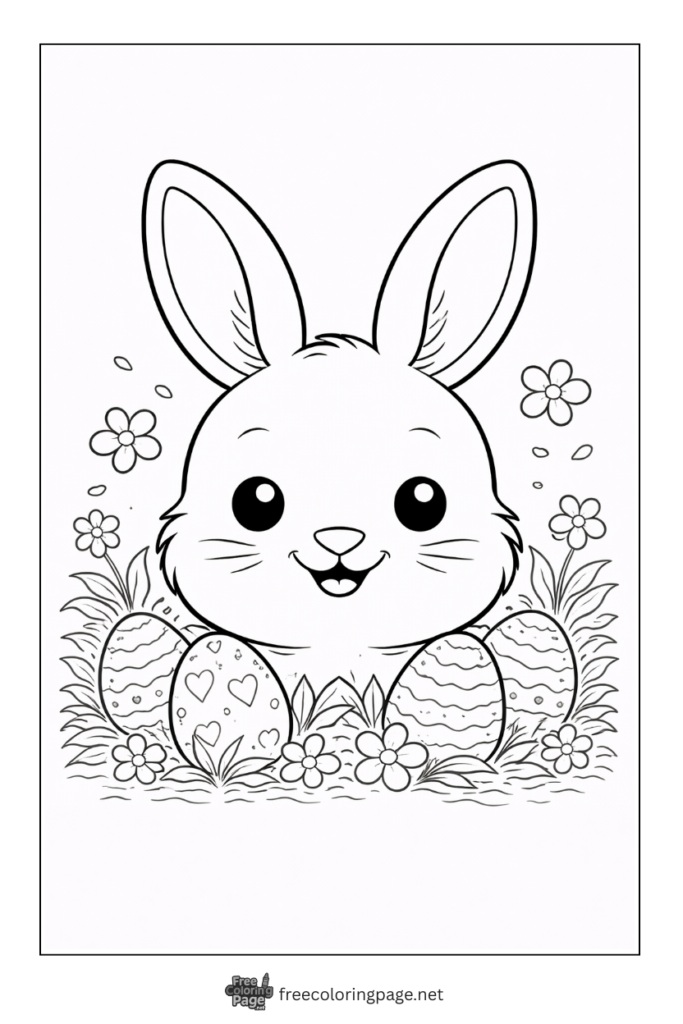 coloring page of bunny hiding with easter egg