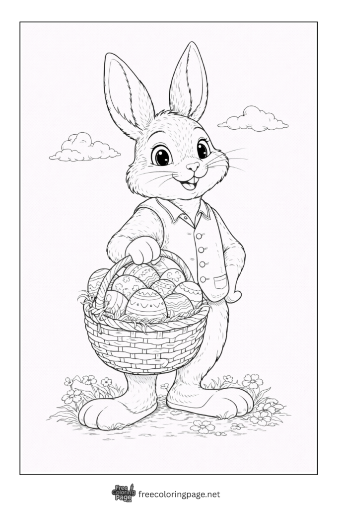 coloring page of bunny standing with easter egg basket