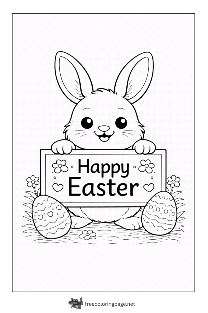coloring page of bunny holding happy easter