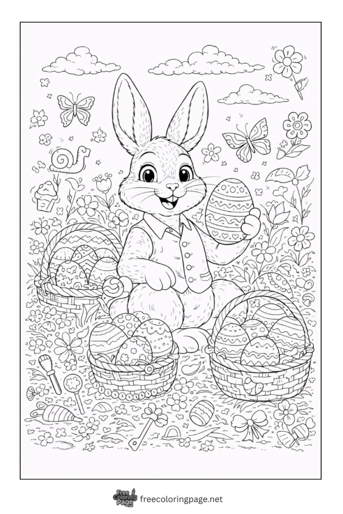 coloring page of bunny in easter egg field