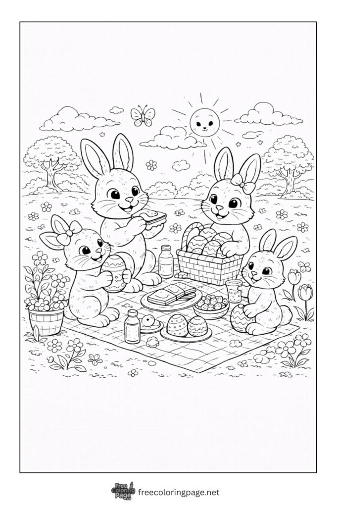 coloring page of easter bunny family on picnic 