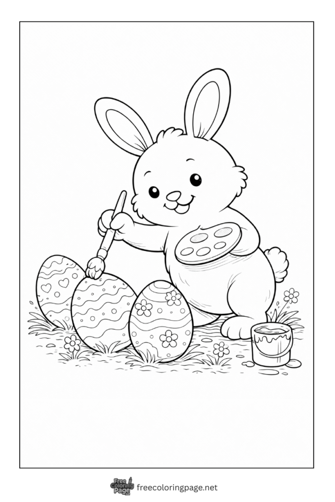 coloring page of bunny painting easter egg