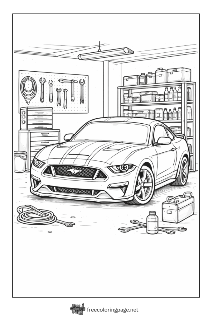 coloring page of car in mechanic garage