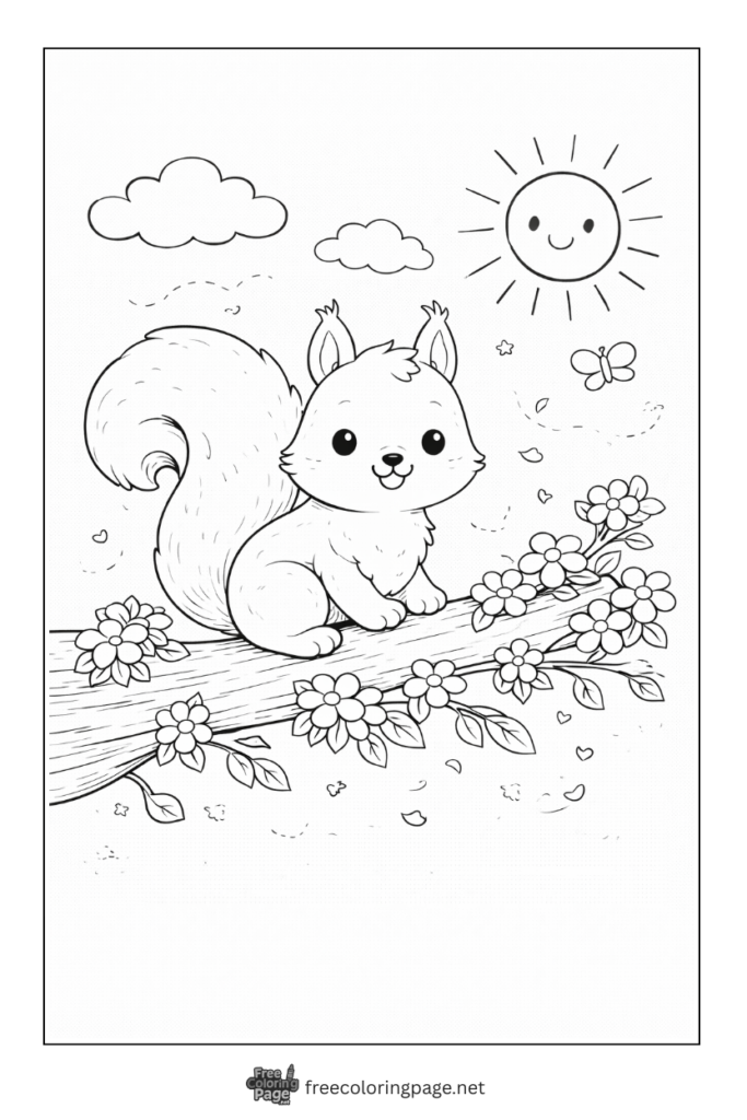 coloring page of happy squrrel in spring