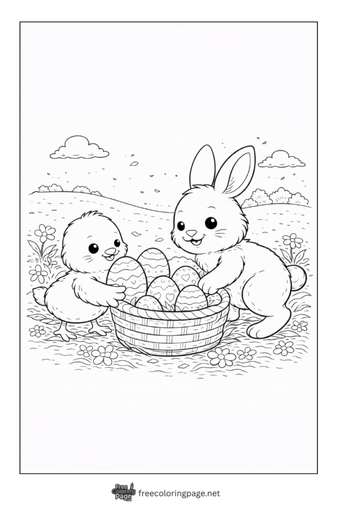 coloring page of bunny and chick collecting easter egg