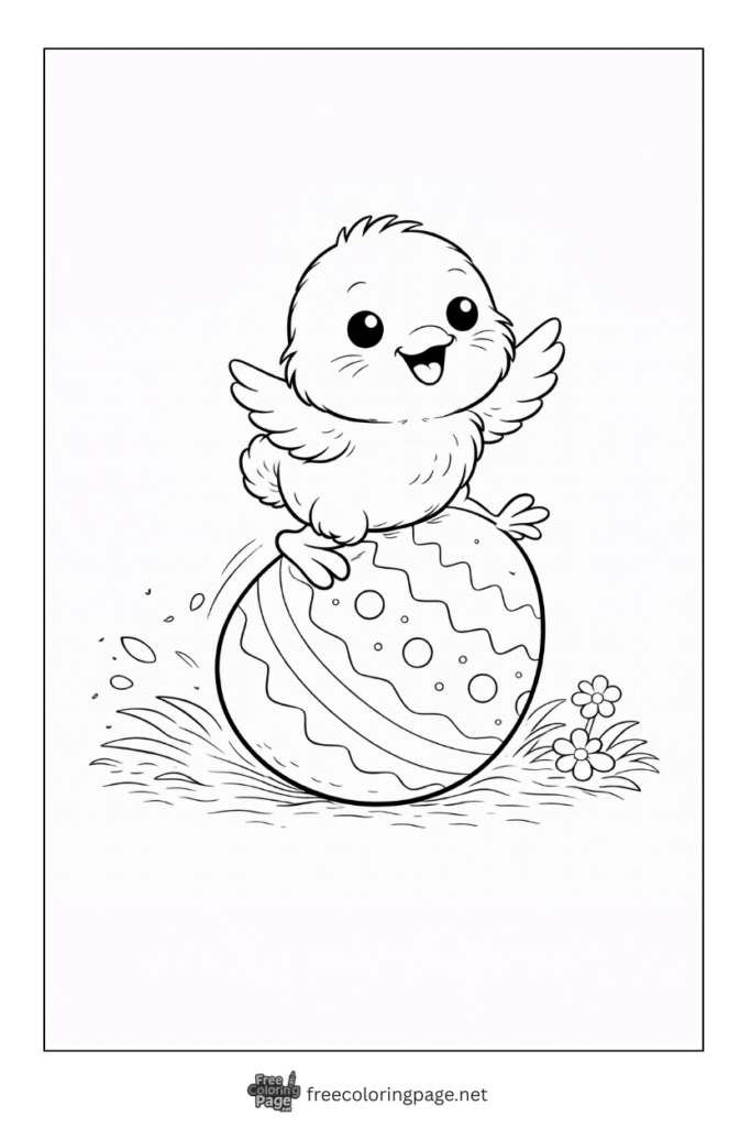 Coloring page of chick riding easter egg