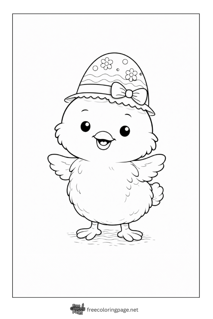 coloring page of happy chick with easter hat