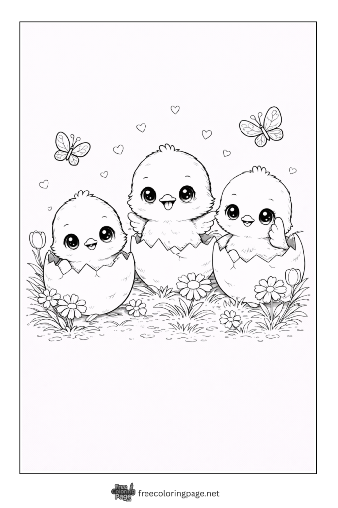 coloring page of chicks hatching in spring