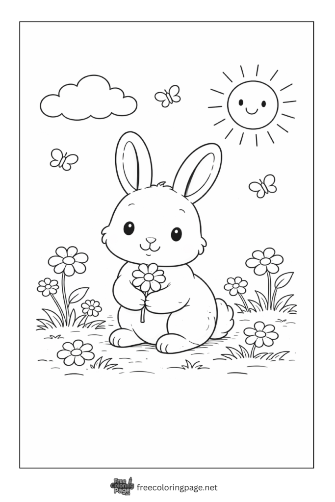 coloring page of happy bunny with flower in spring