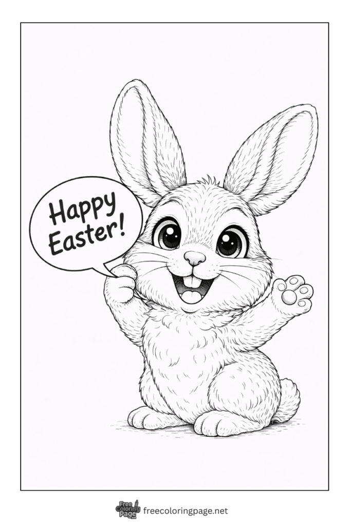 coloring page of detailed bunny wishing happy easter