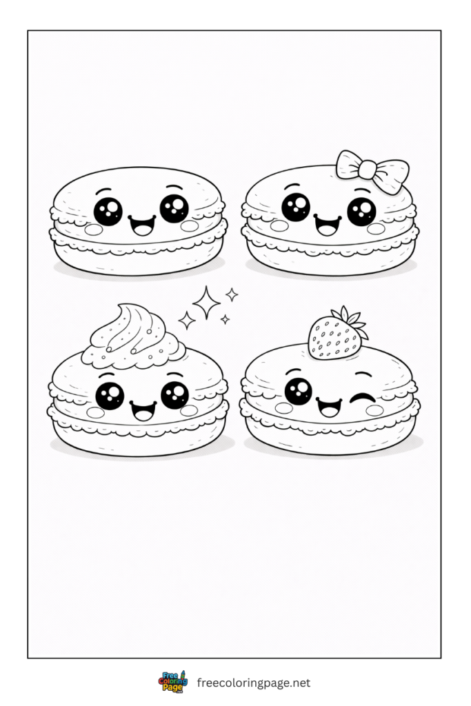 coloring page of cute kawaii colorful macarons