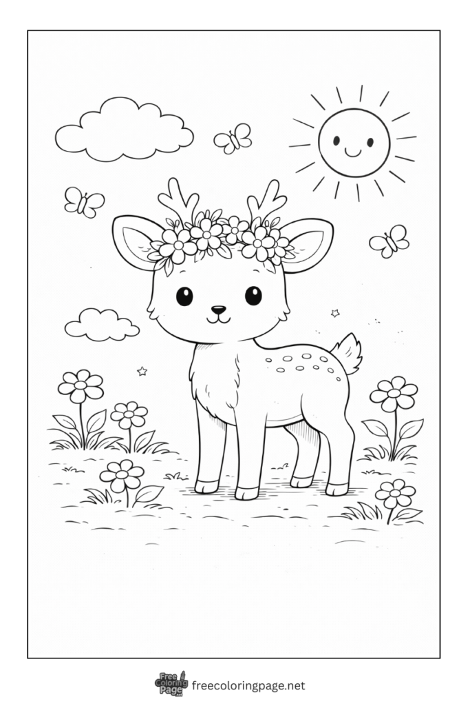 coloring page of cute deer in spring