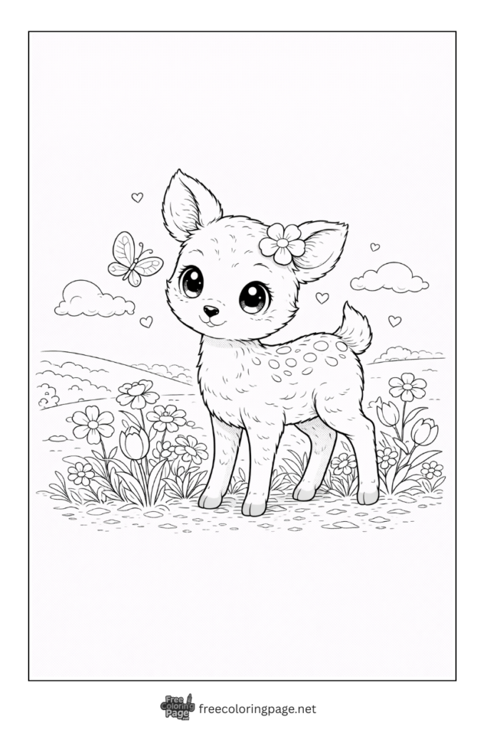coloring page of kawaii deer with butterfly