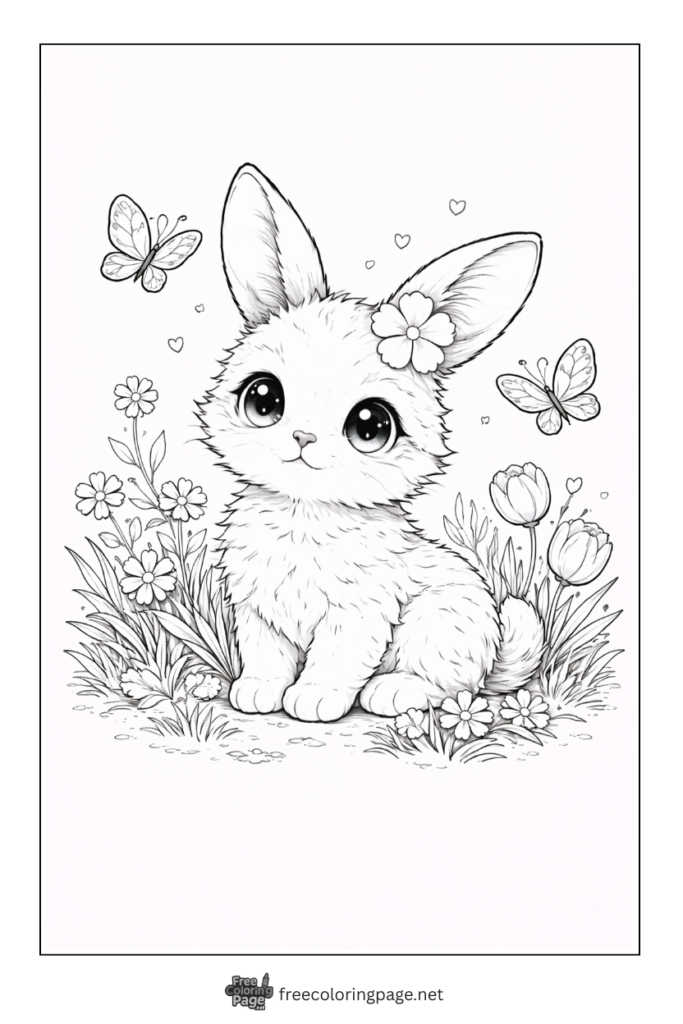 coloring page of kawaii style bunny in flower with butterfly