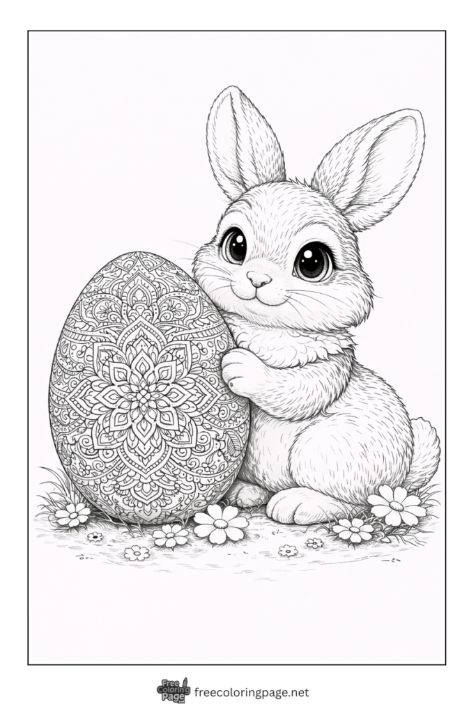 coloring page of detailed 3D bunny with easter egg