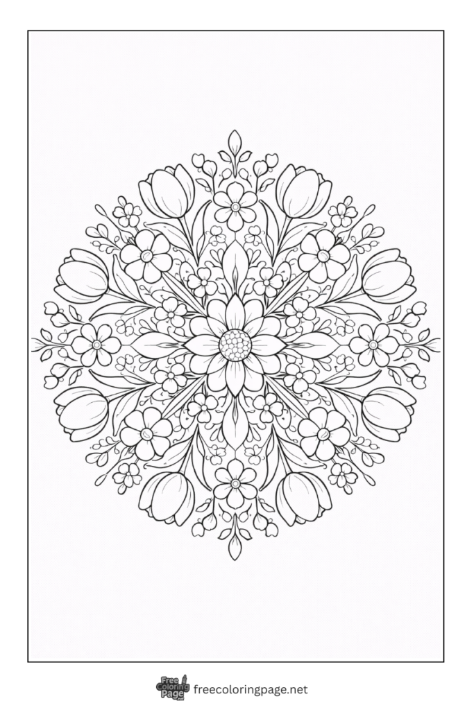 coloring page of spring tulips and flower mandala