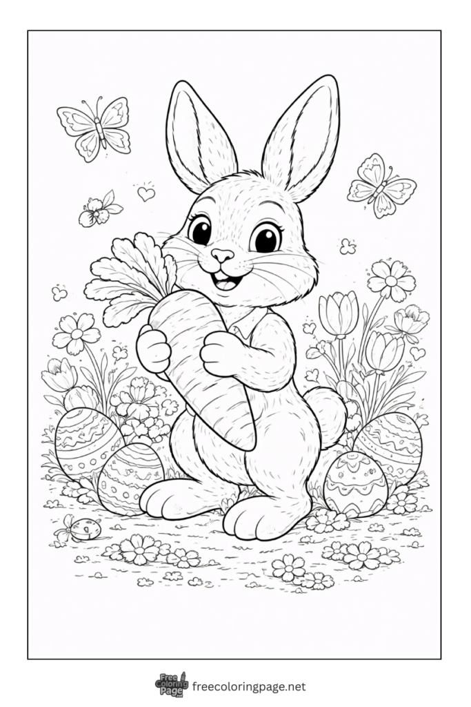 coloring page of cute bunny in easter field with carrot