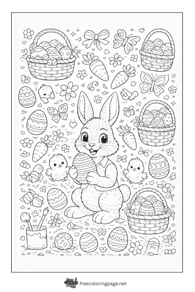 coloring page of easter doodles bunny eggs carrot flower