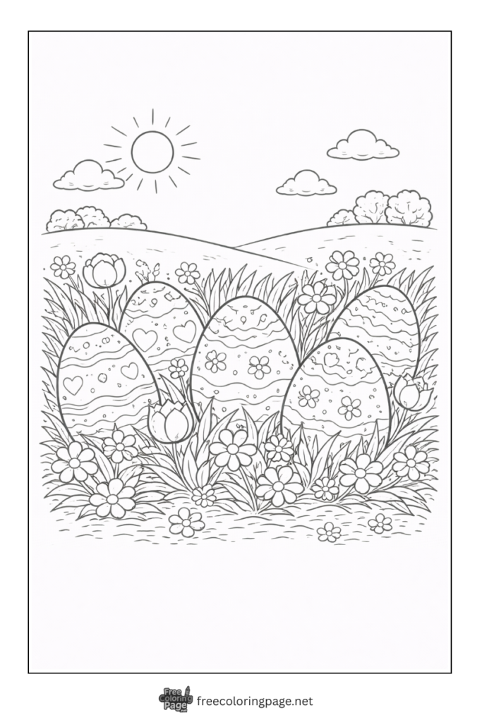 coloring page of easter eggs in spring grass