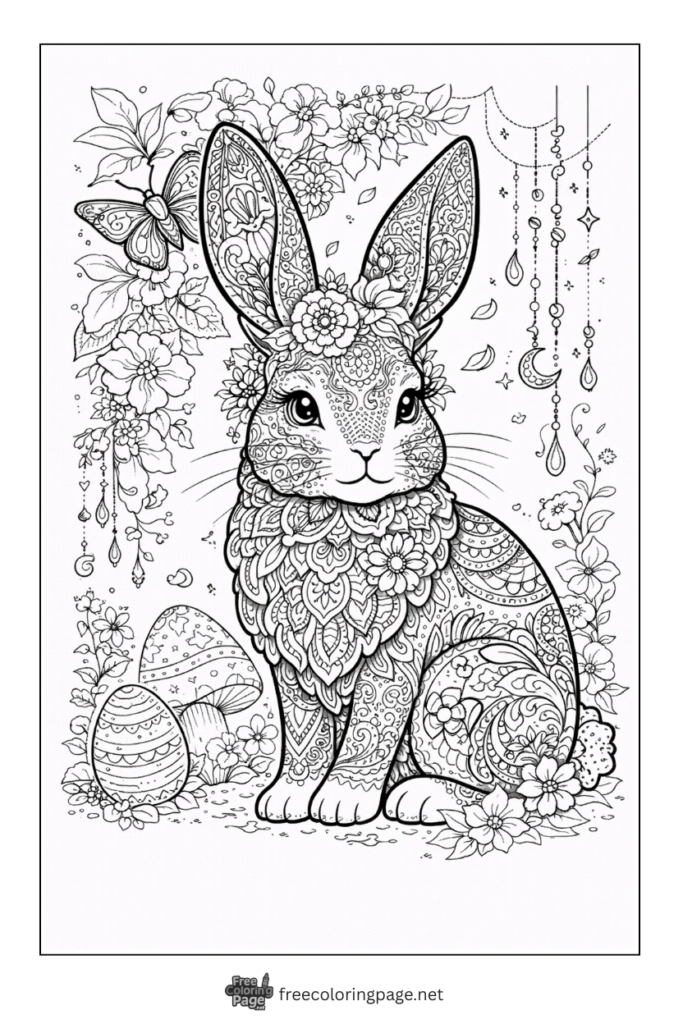 coloring page of floral rabbit with easter decoration