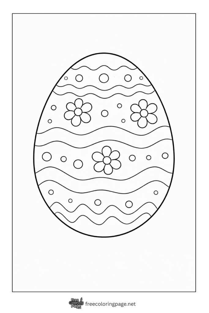 coloring page of easter egg decorated with flower and waves