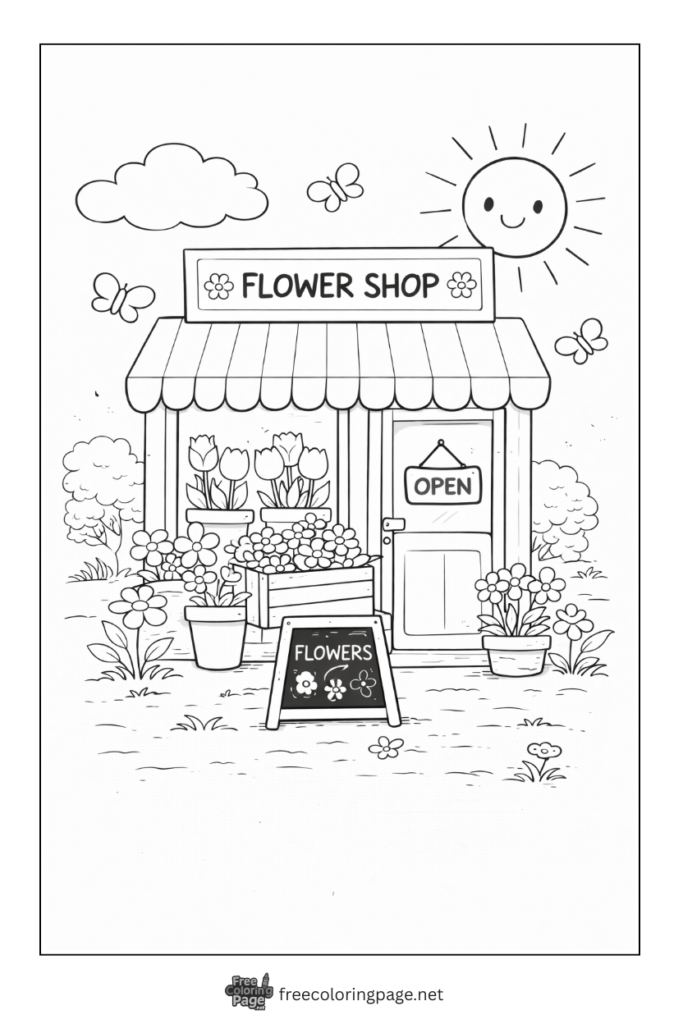 coloring page of spring flower shop