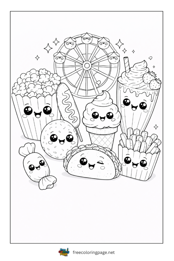 coloring page of cute kawaii styled food carnival