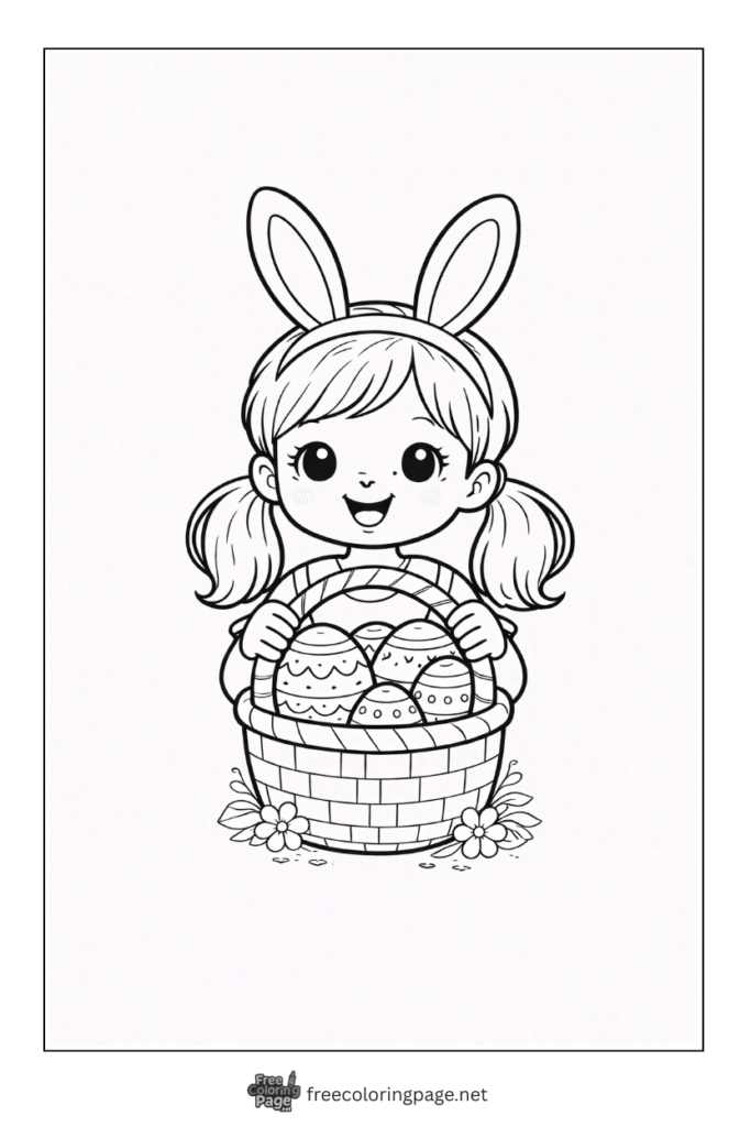 coloring page of cute girl holding easter eggs basket