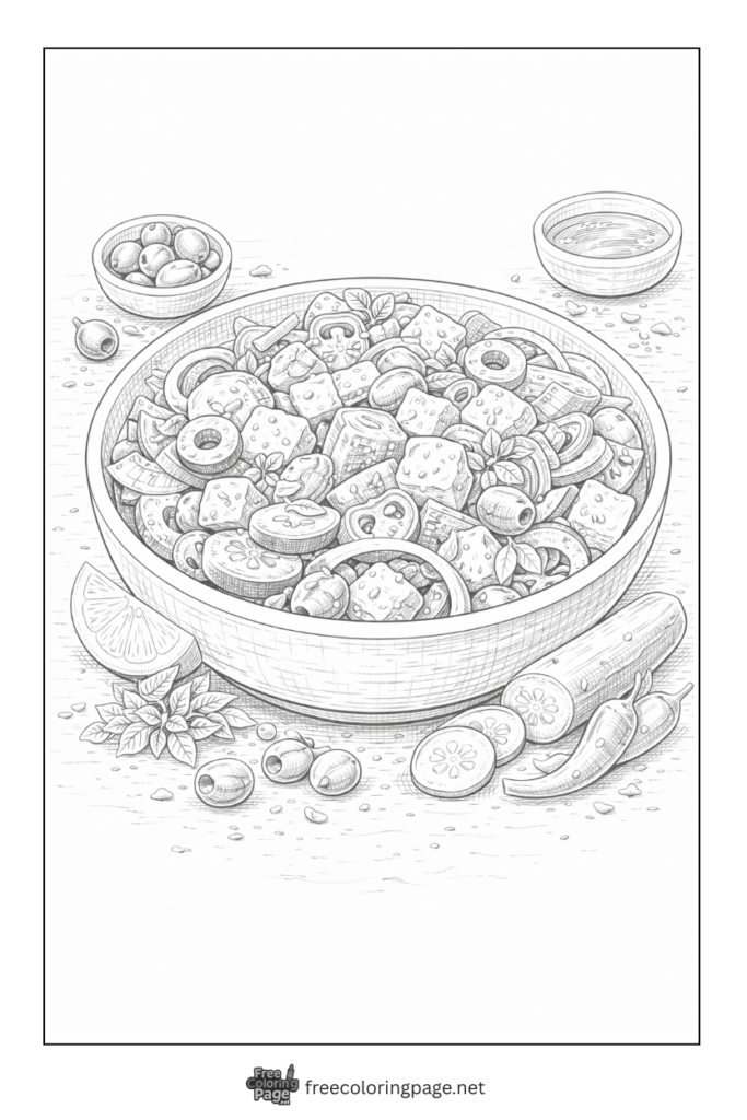 coloring page of greek salad feta bread