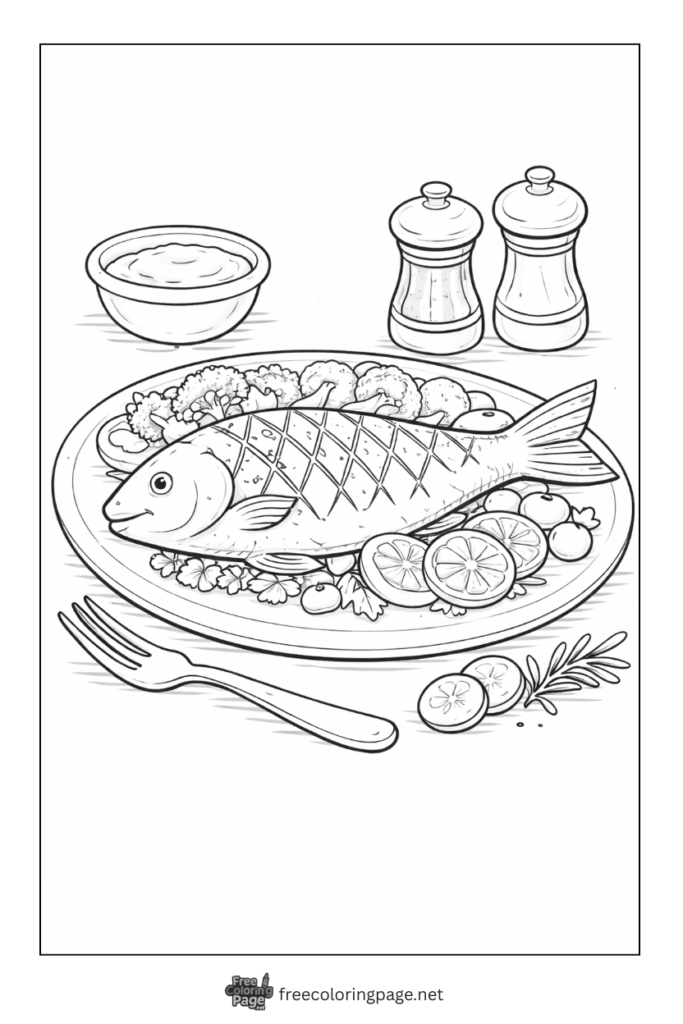 coloring page of grilled fish with garnish