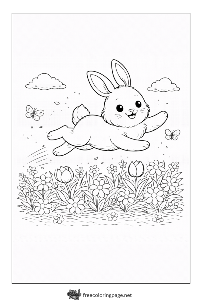 coloring page of bunny jumping in field