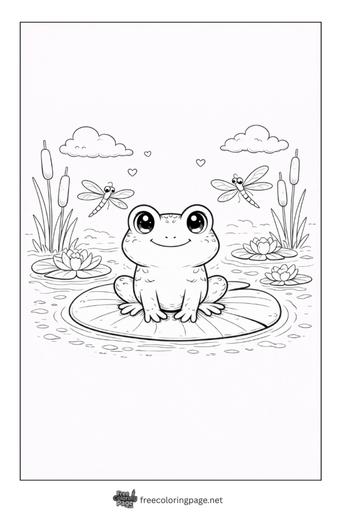 coloring page of happy frog in pond spring time