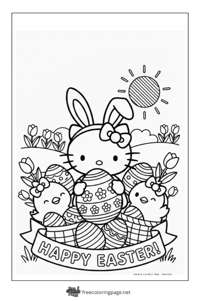 coloring page of hello kitty easter eggs