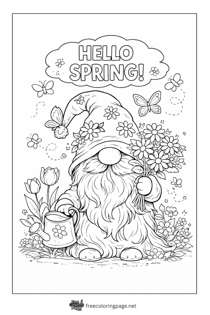 coloring page of hello spring with gnome