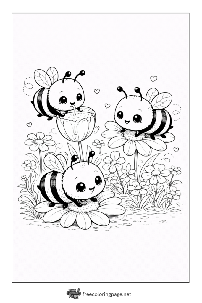 coloring page of cute honeybees hovering on flowers
