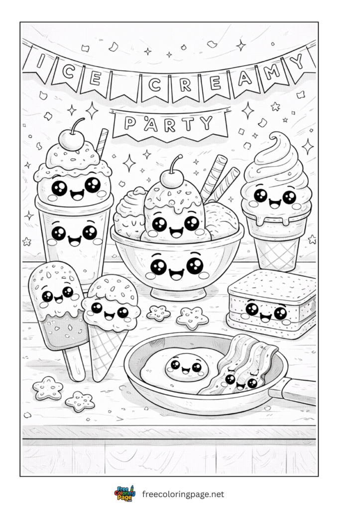 coloring page of cute kawaii styled ice cream party